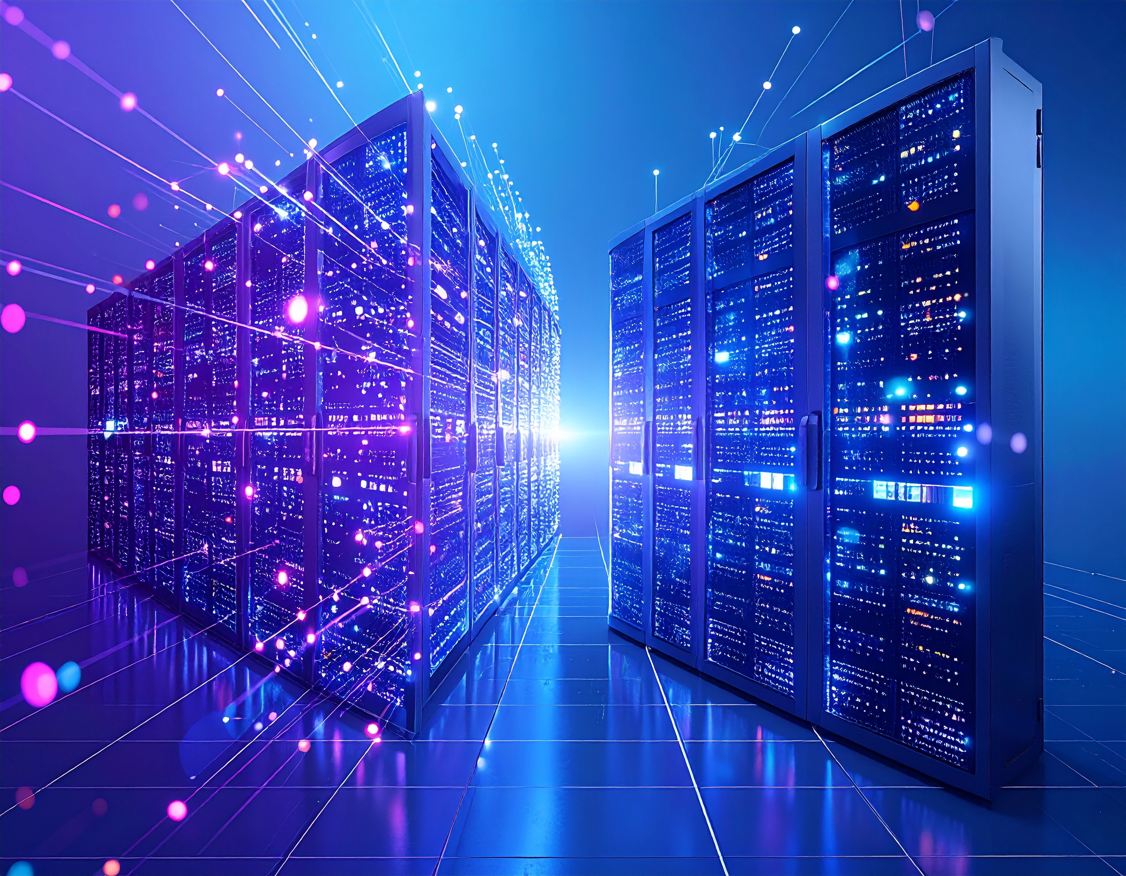 A sleek, modern visualization of distributed servers connected by glowing data streams, with real-time data particles flowing between nodes, digital art style, clean composition, professional tech aesthetic, blues and purples